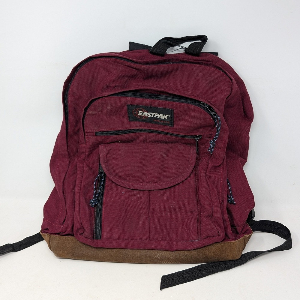 Vintage Eastpak Backpack Burgundy Canvas Brown Suede Bottom Made in USA